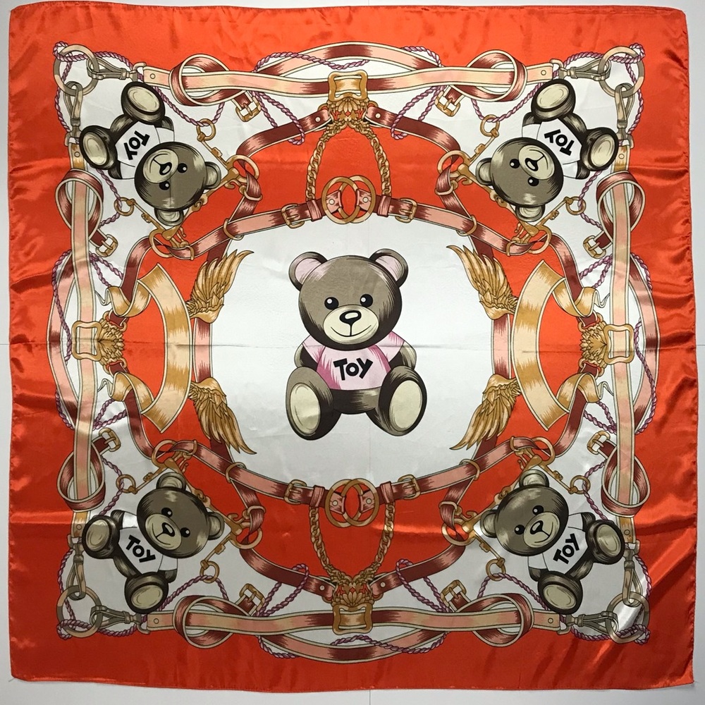 Teddy Bear Motif Satin Charmeuse Scarf